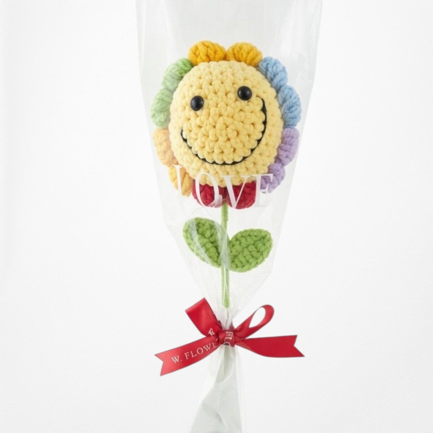 New Rainbow Smiley Sunflower - Single Stem Minimalist Crochet Bouquet