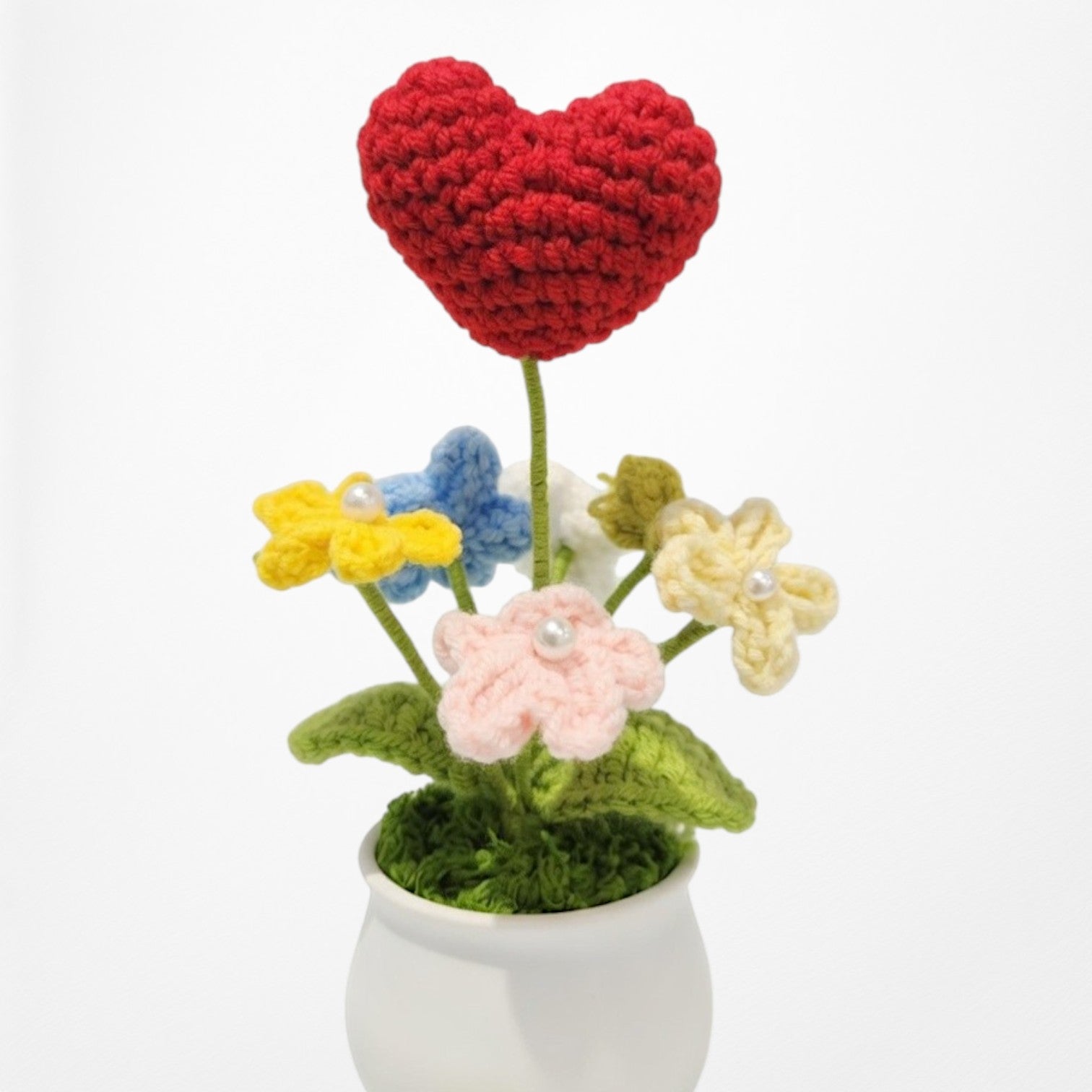 Forget-Me-Not Blooms & Giant Red Heart - Crochet Potted Plant
