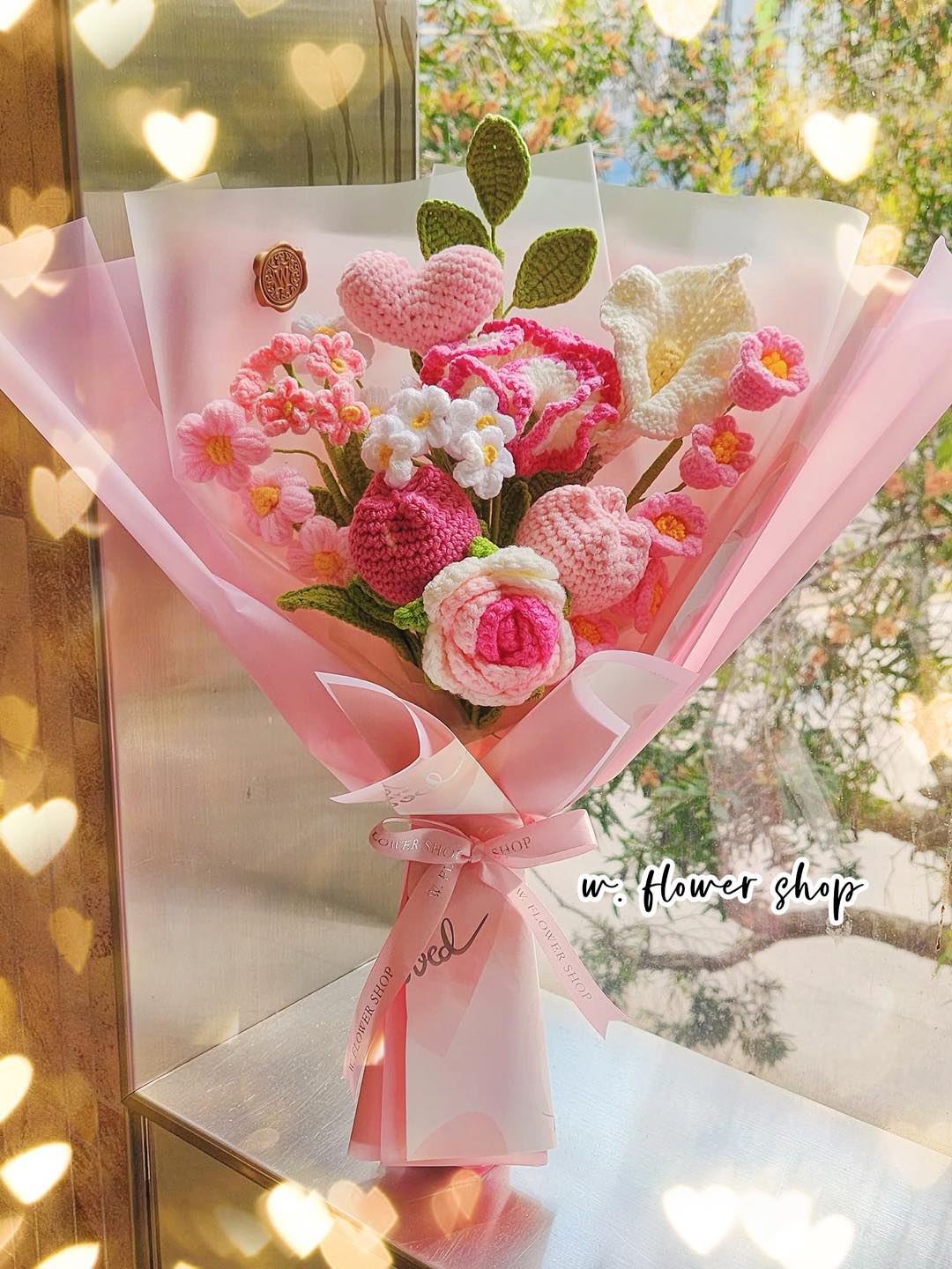 Korean Style Pink Heart Floral Mix - 8-Stem Crochet Bouquet
