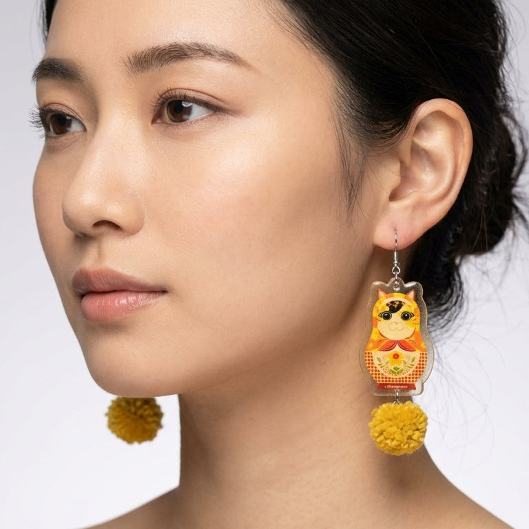 Vintage Calico Yellow Cat Russian Doll & Fluffy Pom-Pom Dangle Earrings
