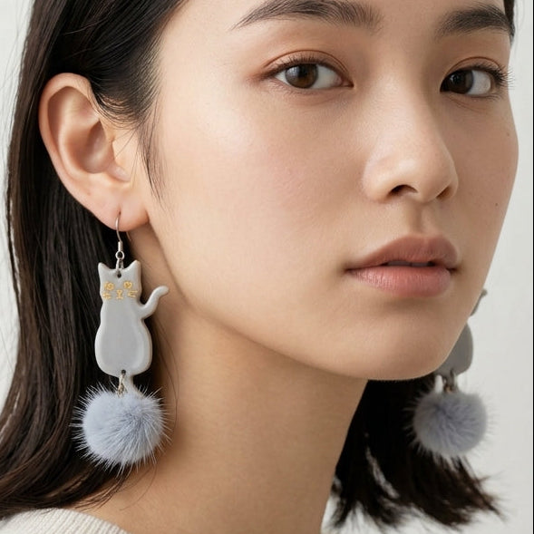 Looking Back Gray Cat & Pastel Blue Fluffy Pom-Pom Dangle Earrings