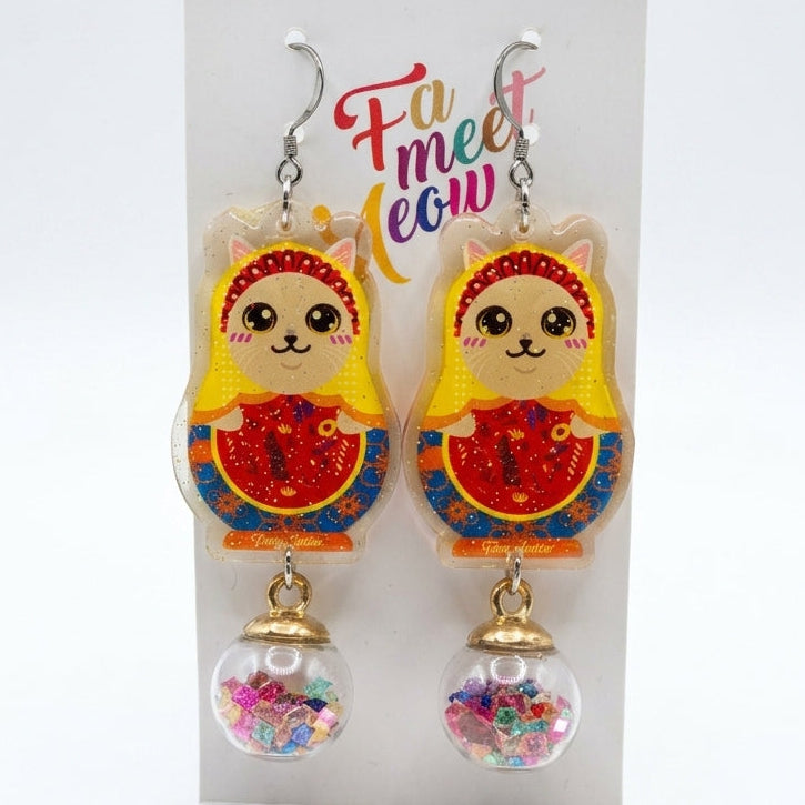 Vintage Lilac British Shorthair Cat Russian Doll & Glitter Glass Bubble Dangle Earrings