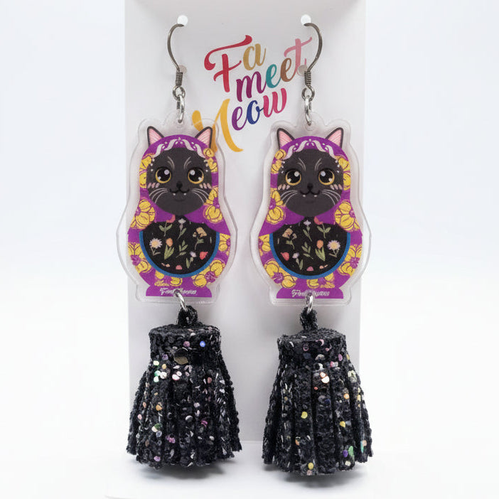 Vintage Blue British Shorthair Cat Russian Doll & Glittery Black Tassel Dangle Earrings