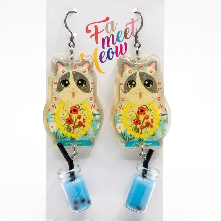 Vintage Gray & White Cat Russian Doll & Blue Bubble Tea Dangle Earrings
