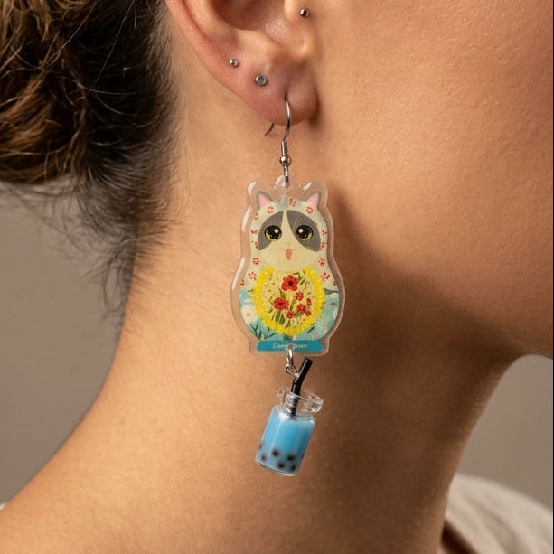 Vintage Gray & White Cat Russian Doll & Blue Bubble Tea Dangle Earrings