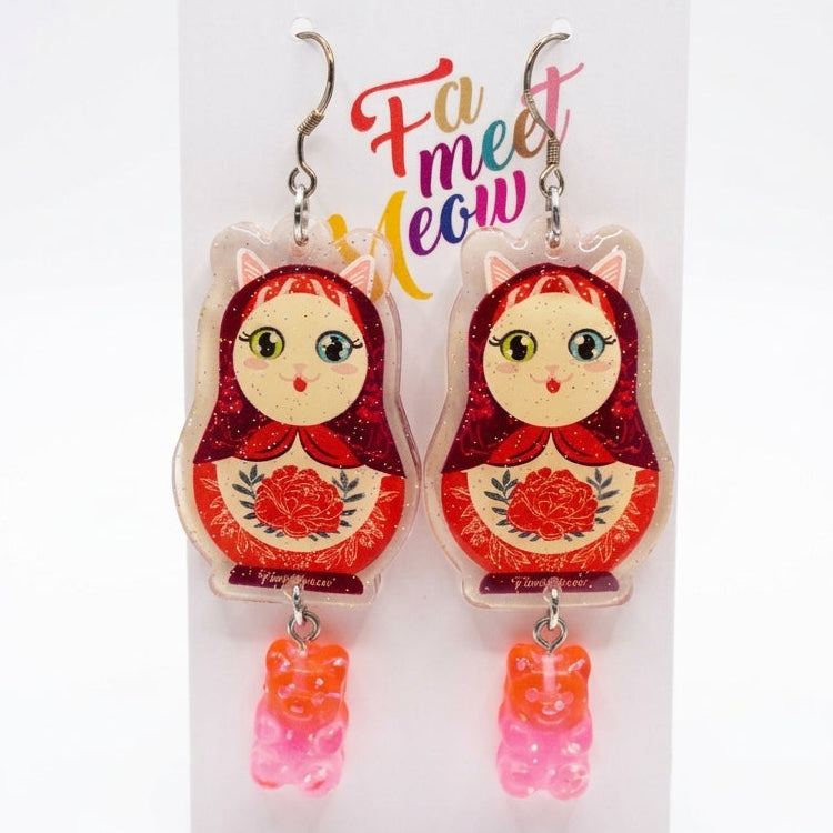 Vintage White Cat Russian Doll & Gradient Gummy Bear Dangle Earrings