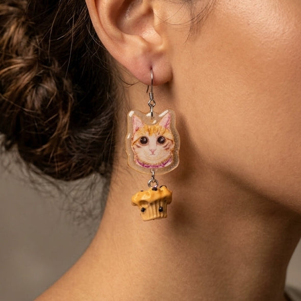Vintage Orange Tabby Cat & Chocolate Chip Muffin Dangle Earrings