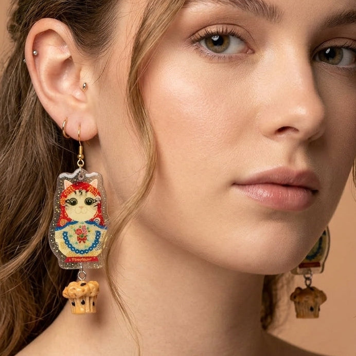 Vintage Tabby Cat Russian Doll & Chocolate Chip Muffin Dangle Earrings
