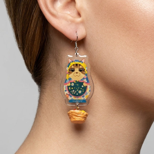 Vintage Tabby Cat Russian Doll & Cinnamon Roll Dangle Earrings