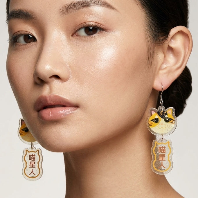 "Meow Starman" Calico Cat Head & Slogan Dangle Earrings