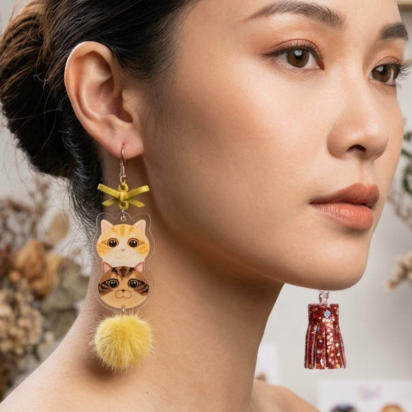 "Cat Huffing" Double-Layer Local Cat & Glitter Tassel Pom-Pom Resin Dangle Asymmetrical Earrings