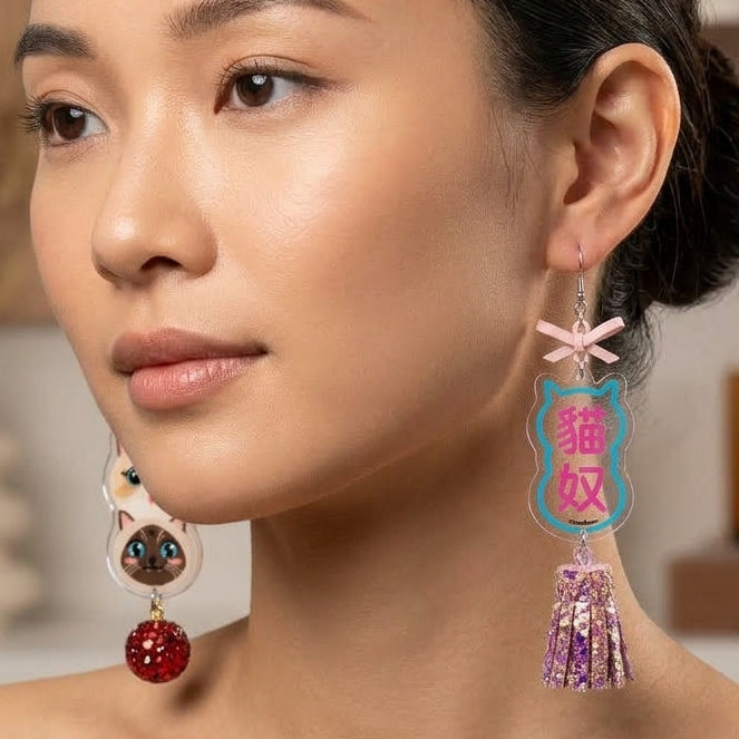 "Cat Slave" Ragdoll & Siamese Cat Stack Glitter Tassel Asymmetrical Dangle Earrings