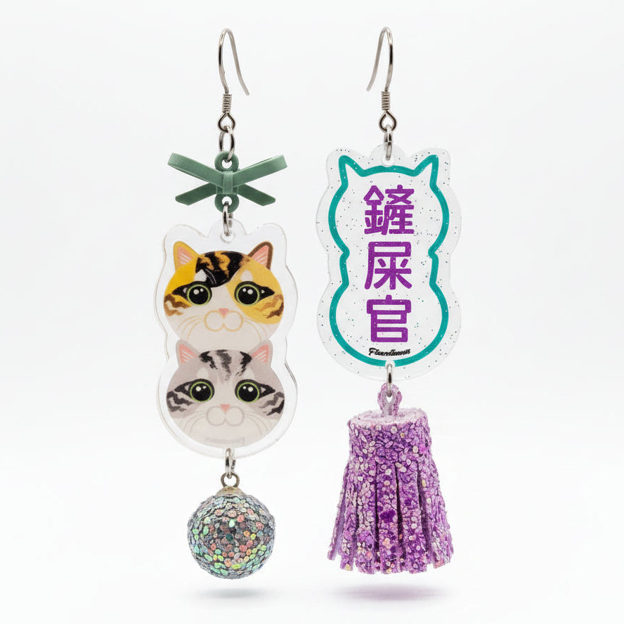 "Poop Scooper" Calico & Tabby Grey Cat Stack Glitter Sphere & Purple Tassel Asymmetrical Resin Dangle Earrings