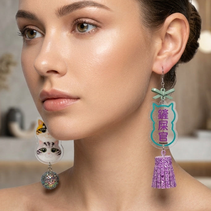 "Poop Scooper" Calico & Tabby Grey Cat Stack Glitter Sphere & Purple Tassel Asymmetrical Resin Dangle Earrings