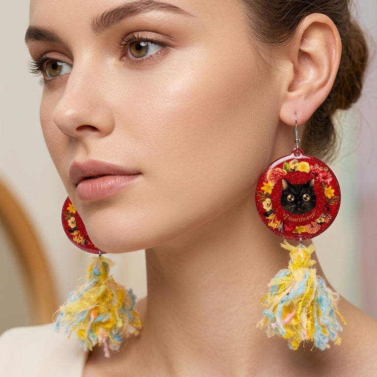 "Ruby Garden" British Shorthair Black Cat & Multi-Color Tweed Tassel Resin Dangle Earrings