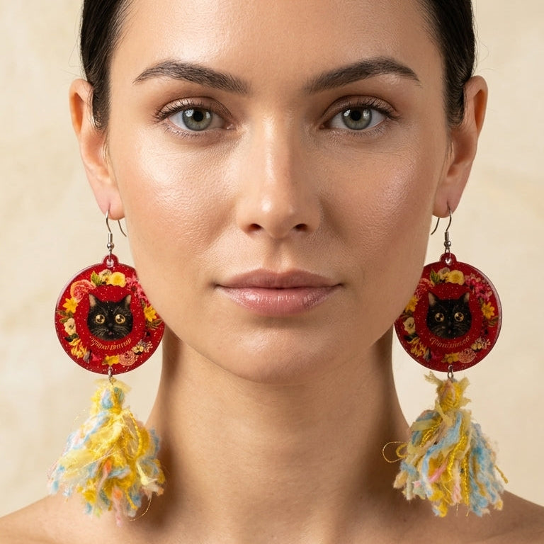 "Ruby Garden" British Shorthair Black Cat & Multi-Color Tweed Tassel Resin Dangle Earrings