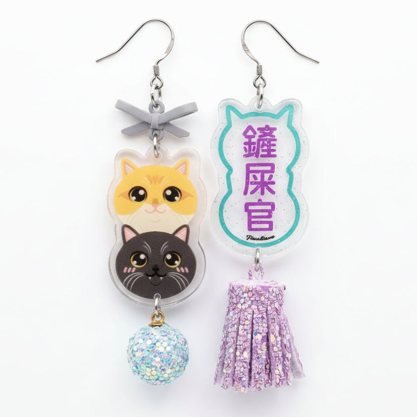 "Poop Scooper" Double-Layer British Shorthair Stack & Glitter Sphere Purple Tassel Asymmetrical Resin Dangle Earrings