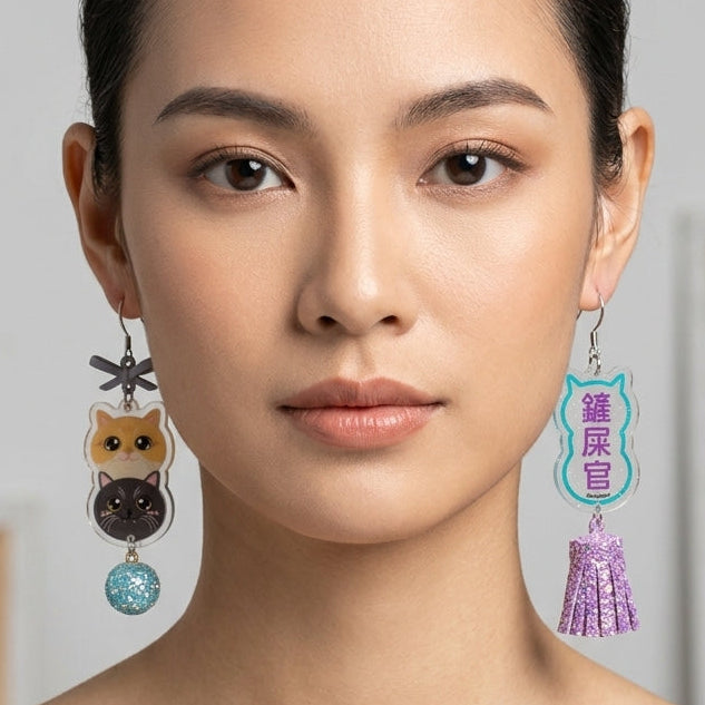 "Poop Scooper" Double-Layer British Shorthair Stack & Glitter Sphere Purple Tassel Asymmetrical Resin Dangle Earrings