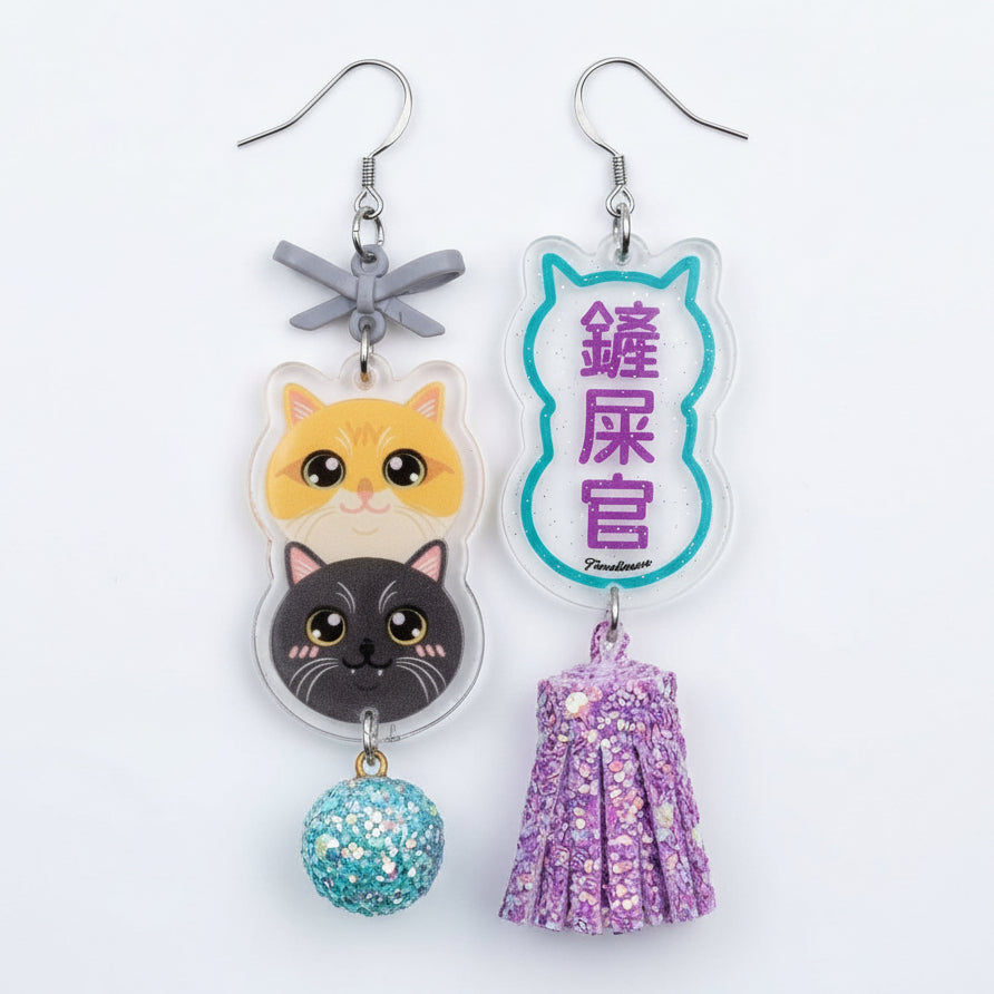 "Poop Scooper" Double-Layer British Shorthair Stack & Glitter Sphere Purple Tassel Asymmetrical Resin Dangle Earrings