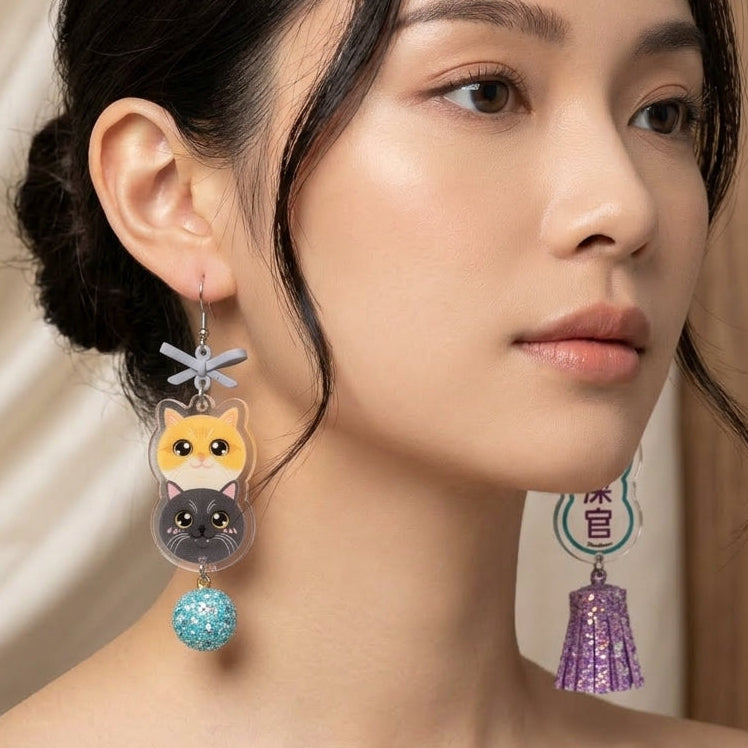 "Poop Scooper" Double-Layer British Shorthair Stack & Glitter Sphere Purple Tassel Asymmetrical Resin Dangle Earrings