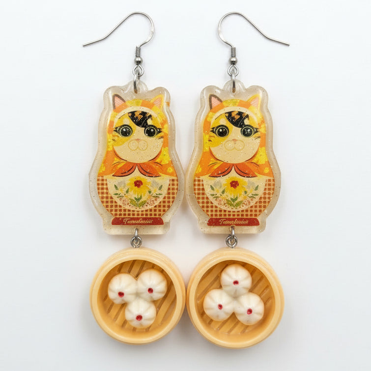 "Dim Sum Steamer" Russian Doll Style Calico Cat Resin Dangle Earrings