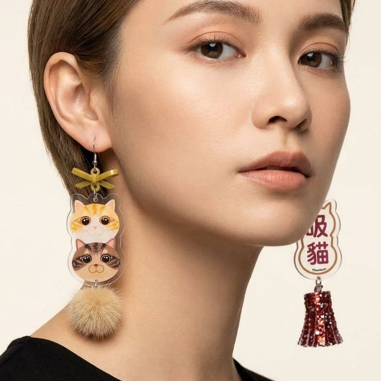 "Cat Huffing" Double-Layer Local Cat & Glitter Tassel Pom-Pom Resin Dangle Asymmetrical Earrings