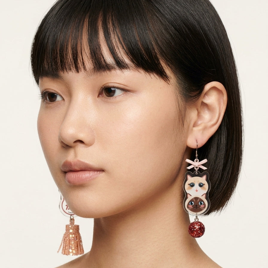 "Cat Fanatic" Ragdoll & Siamese Cat Stack Peach-Pink Glitter Tassel & Red Sphere Asymmetrical Resin Dangle Earrings