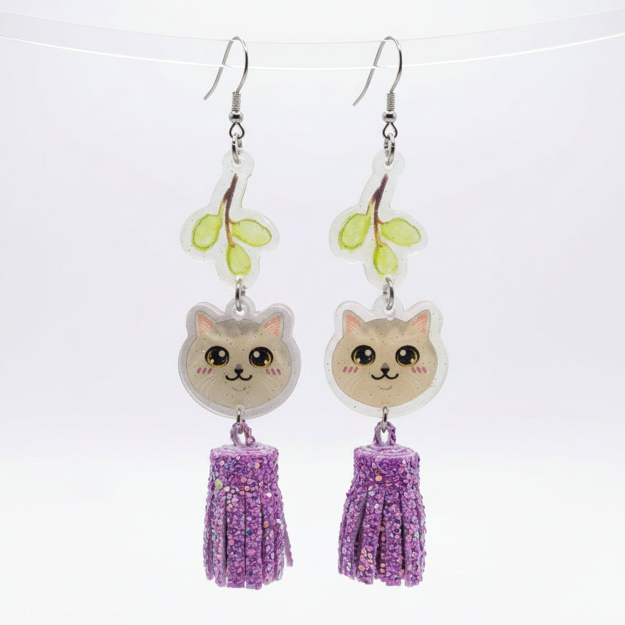 "Green Foliage" Lilac British Shorthair & Purple Glitter Tassel Resin Dangle Earrings