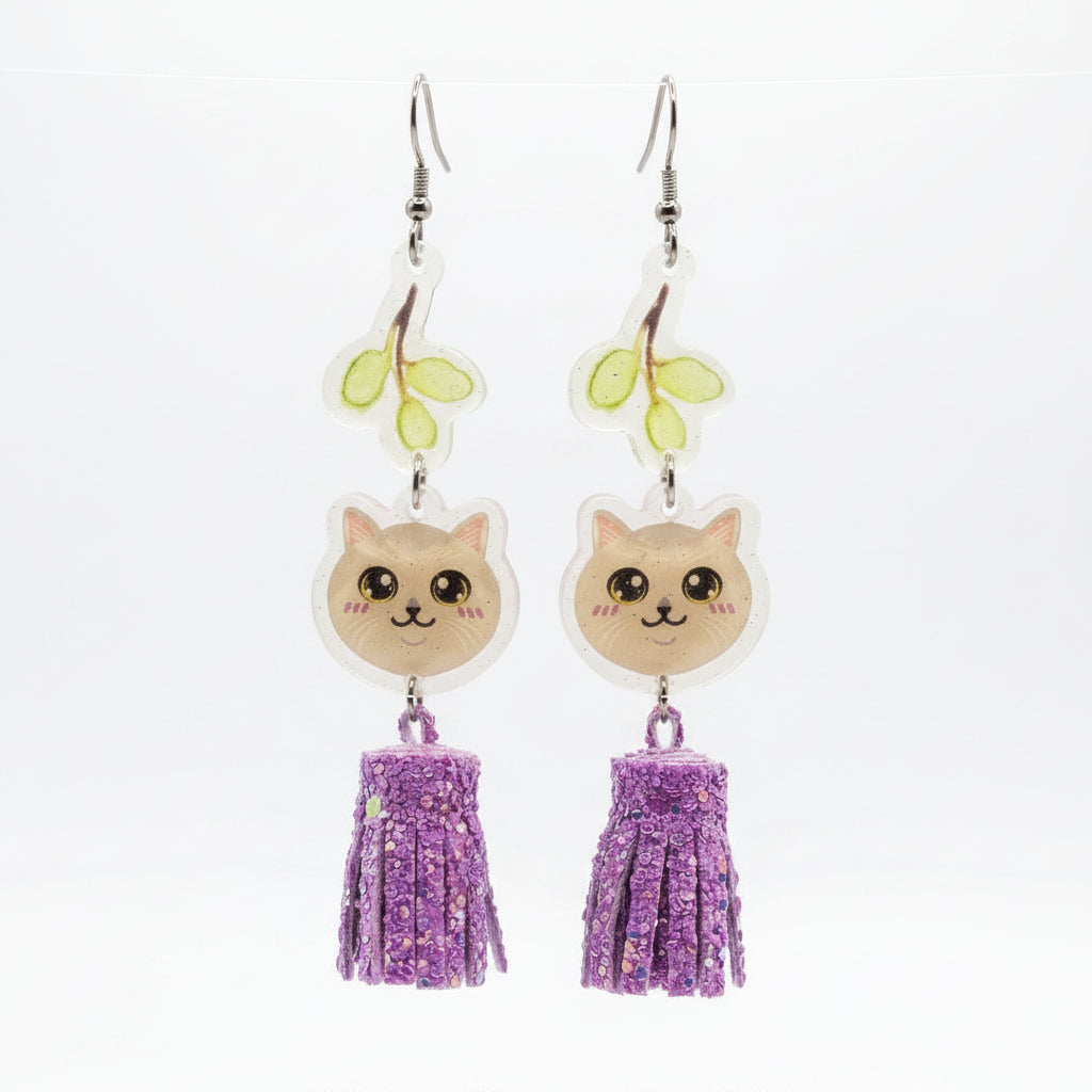 "Green Foliage" Lilac British Shorthair & Purple Glitter Tassel Resin Dangle Earrings