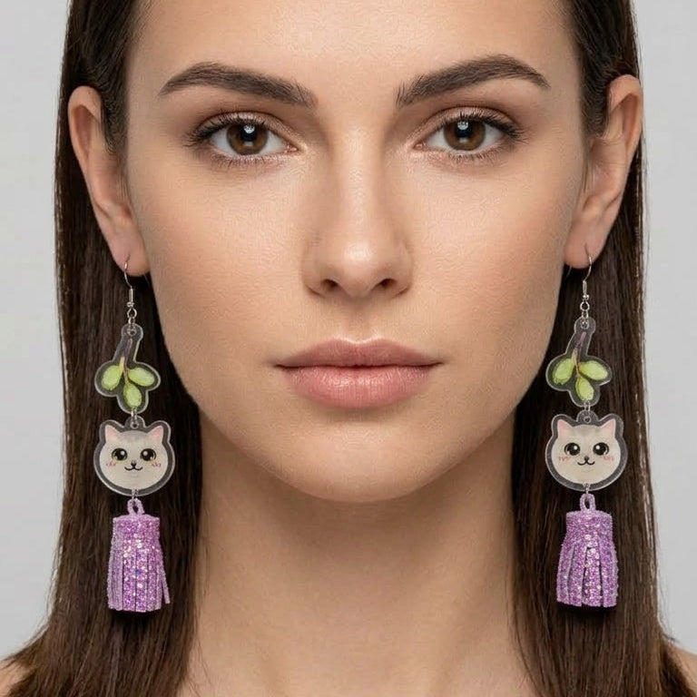 "Green Foliage" Lilac British Shorthair & Purple Glitter Tassel Resin Dangle Earrings