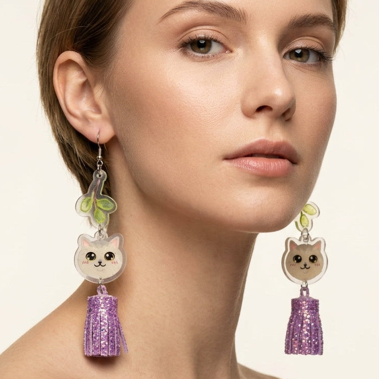"Green Foliage" Lilac British Shorthair & Purple Glitter Tassel Resin Dangle Earrings