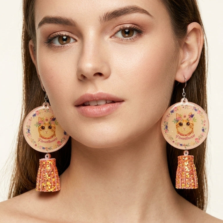 "Floral Wreath Ginger Cat" Round Floral Frame & Glitter Tassel Resin Dangle Earrings