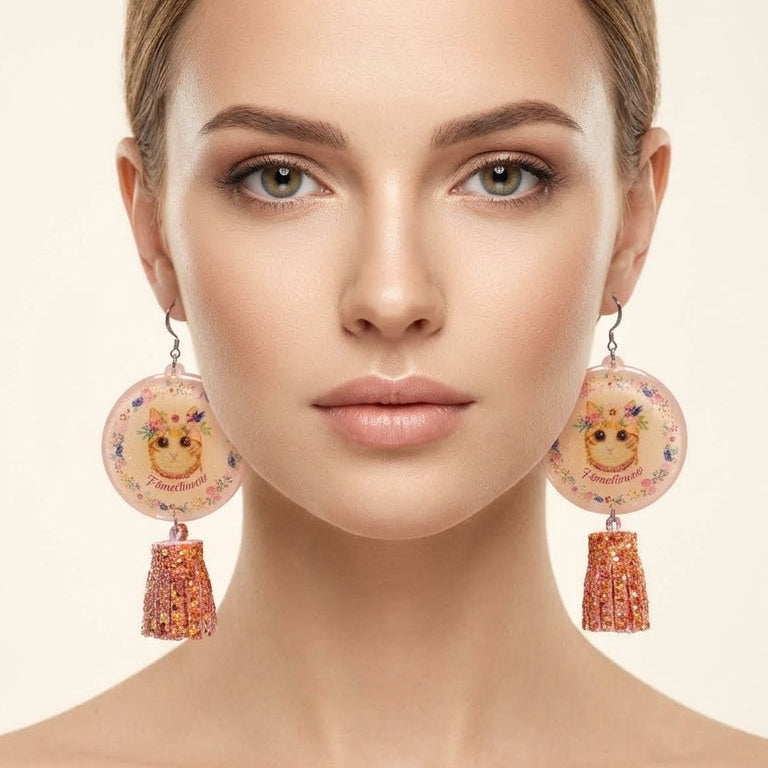 "Floral Wreath Ginger Cat" Round Floral Frame & Glitter Tassel Resin Dangle Earrings
