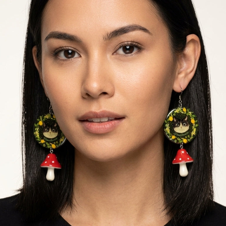 "Forest Mushroom" Tuxedo Cat & Lemon Wreath, Red Mushroom Charm Resin Dangle Earrings