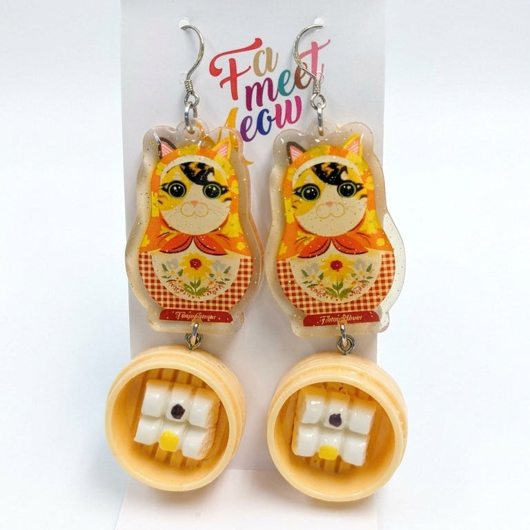 "Dim Sum Cheong Fun" Russian Doll Style Calico Cat Resin Dangle Earrings