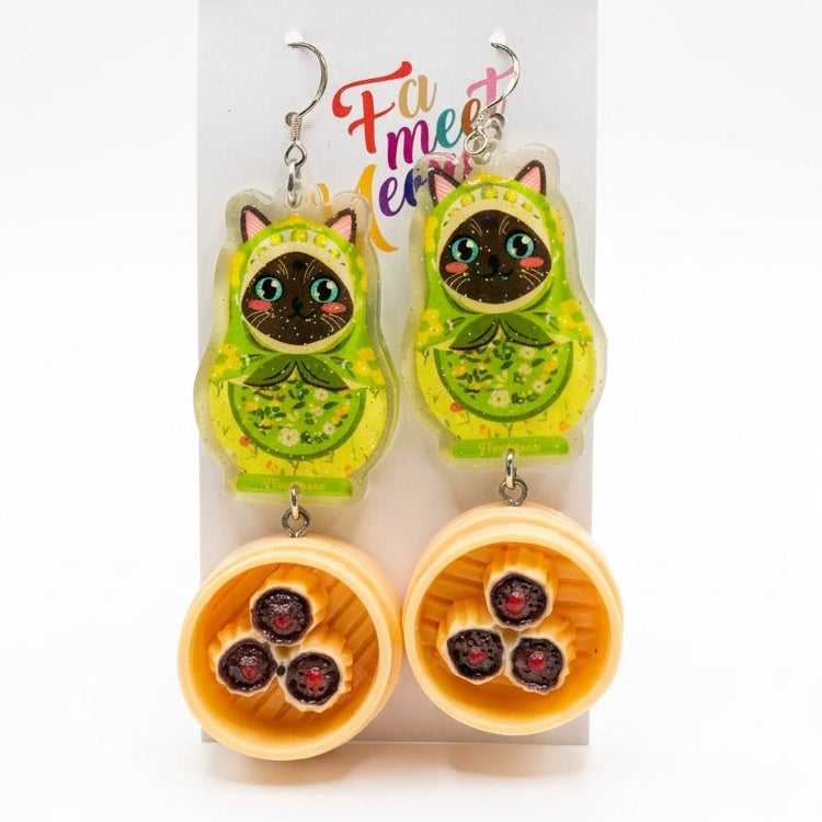"Dim Sum Siu Mai" Russian Doll Style Siamese Cat Resin Dangle Earrings