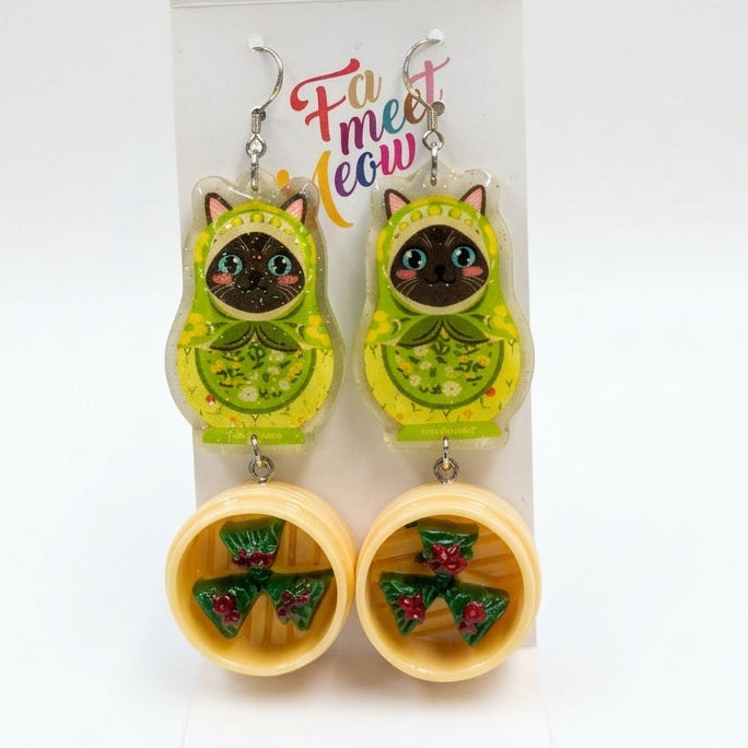 "Dim Sum Fun Gok" Russian Doll Style Siamese Cat Resin Dangle Earrings