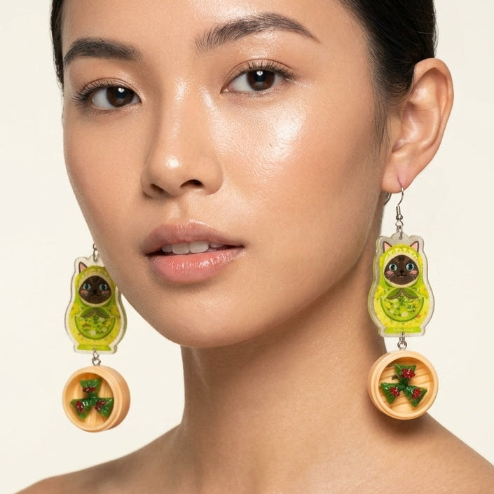 "Dim Sum Fun Gok" Russian Doll Style Siamese Cat Resin Dangle Earrings