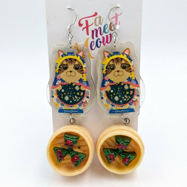 "Dim Sum Fun Gok" Russian Doll Style Tabby Cat Resin Dangle Earrings