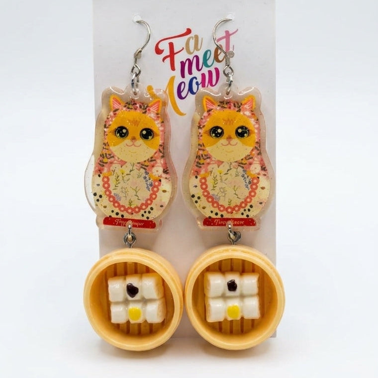 "Dim Sum Cheong Fun" Russian Doll Style Golden British Shorthair Resin Dangle Earrings