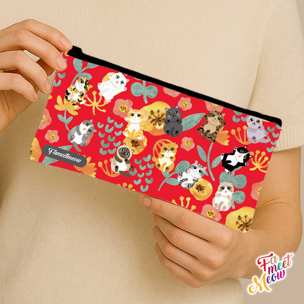 Pencil Case - Fluttering Flower Cats (Red)