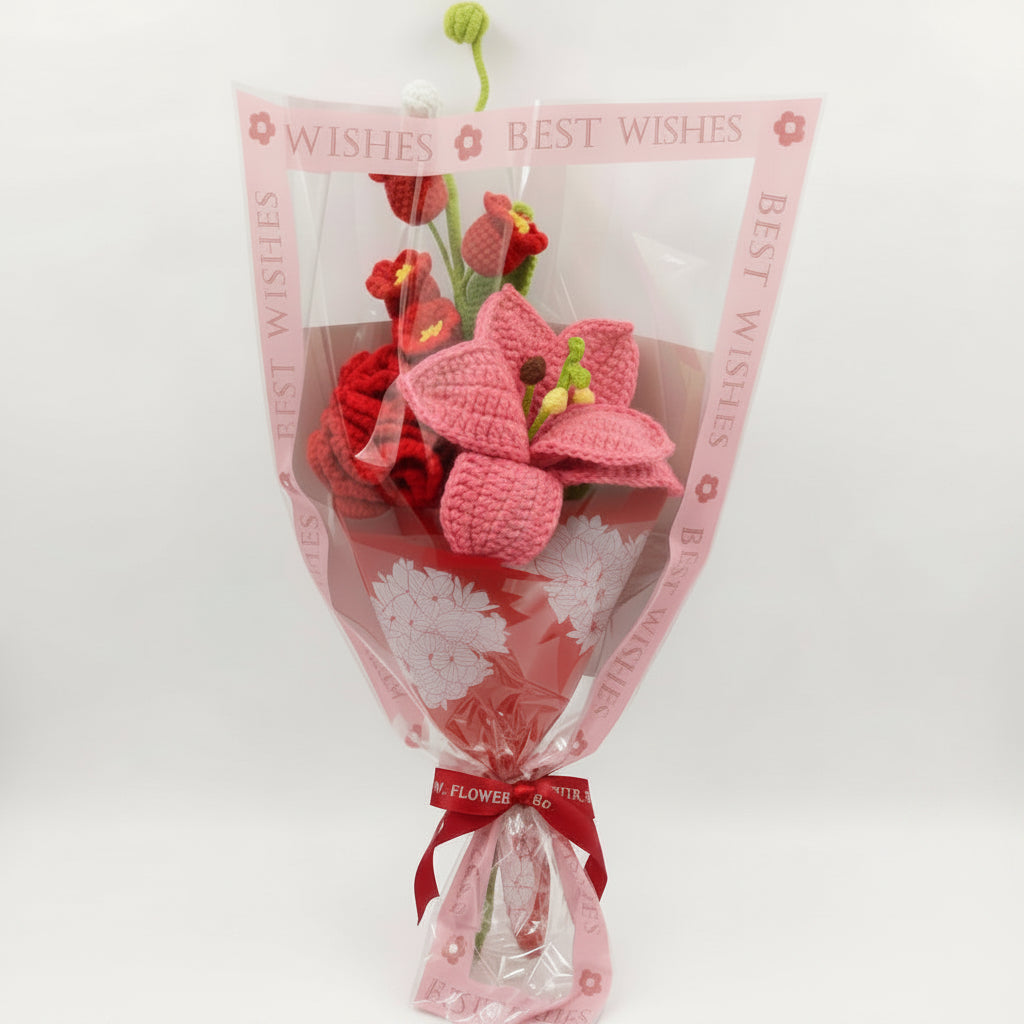 Dark Pink Lily Floral Mix - 3-Stem Crochet Bouquet