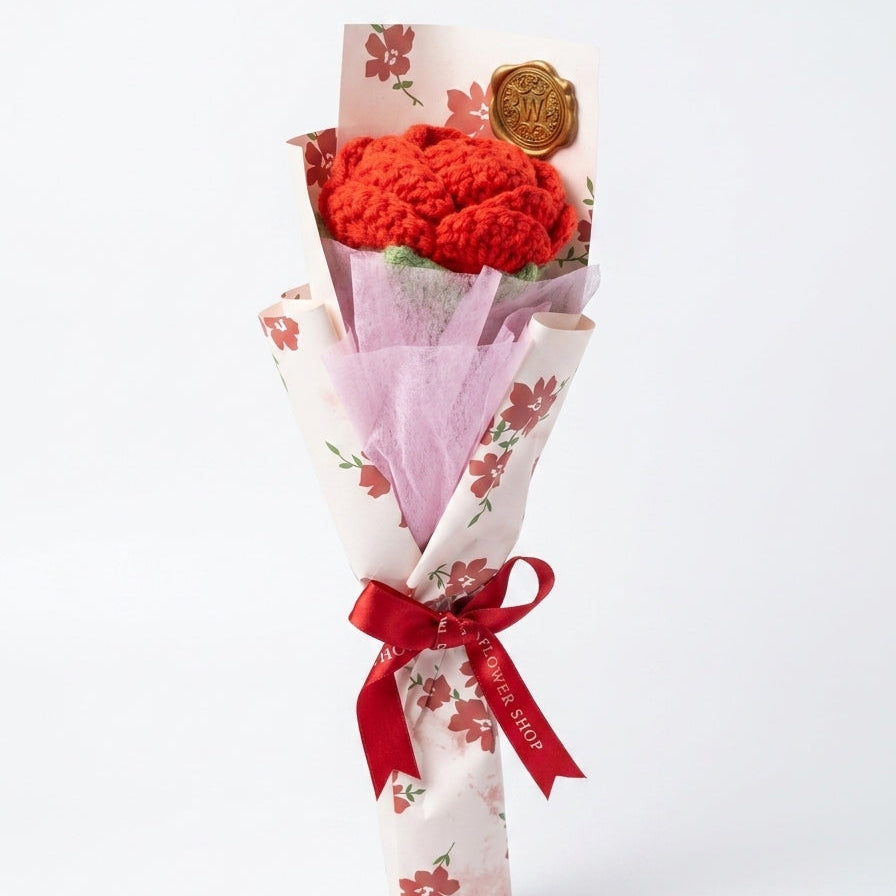 Red Rose - Single Stem Crochet Flower with Unique Wrapping