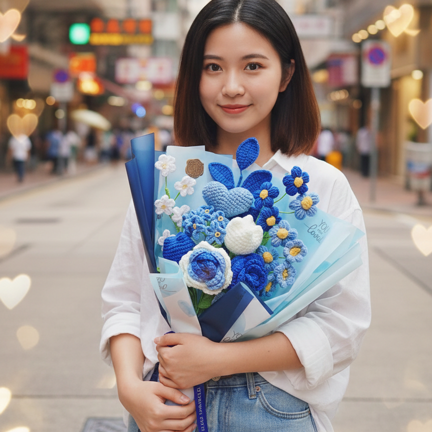 韓式藍色愛心混花編織花束（11枝裝）