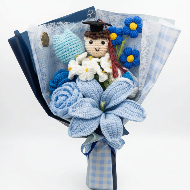 Graduation Sunflower Mix with Male Graduate Doll - 8-Stem Blue Crochet Bouquet (Vol. 2)