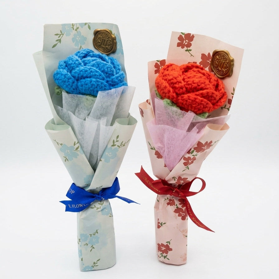 Red Rose - Single Stem Crochet Flower with Unique Wrapping