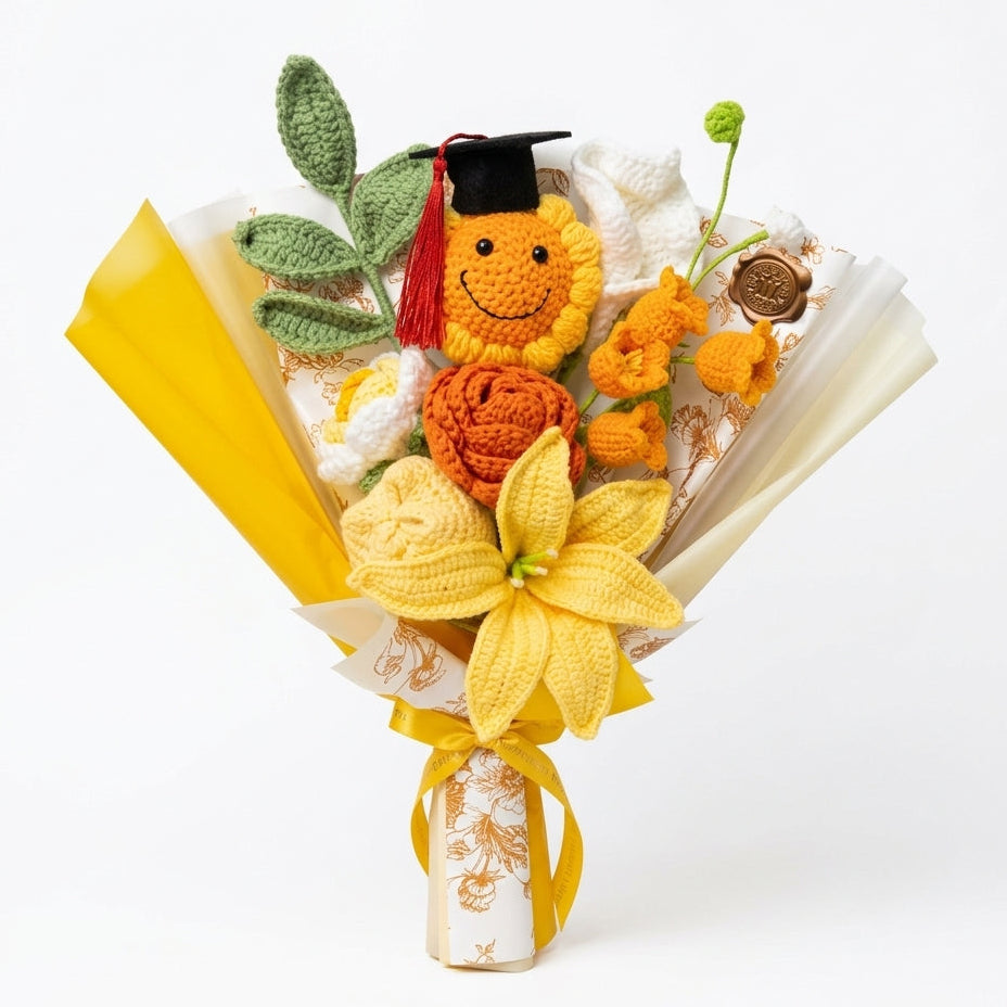 Graduation Smile Sunflower Mix with Female Graduate Doll - 8-Stem Yellow Crochet Bouquet