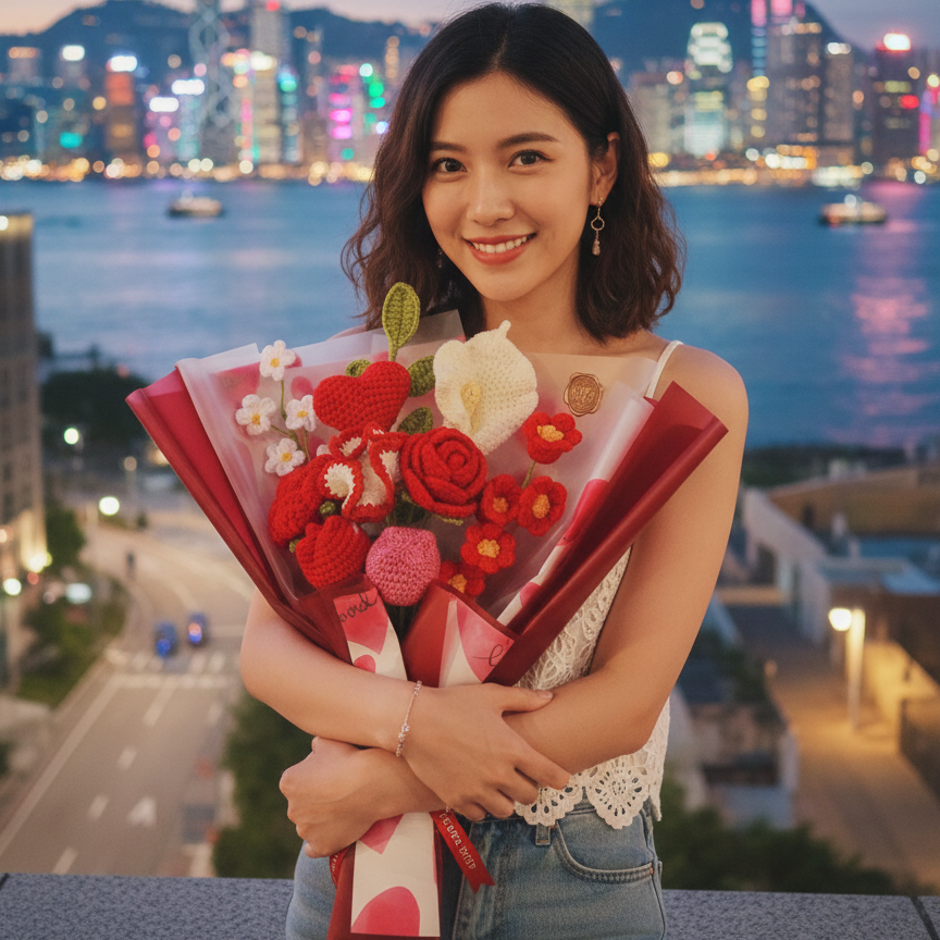 韓式紅色愛心混花編織花束（10枝裝）