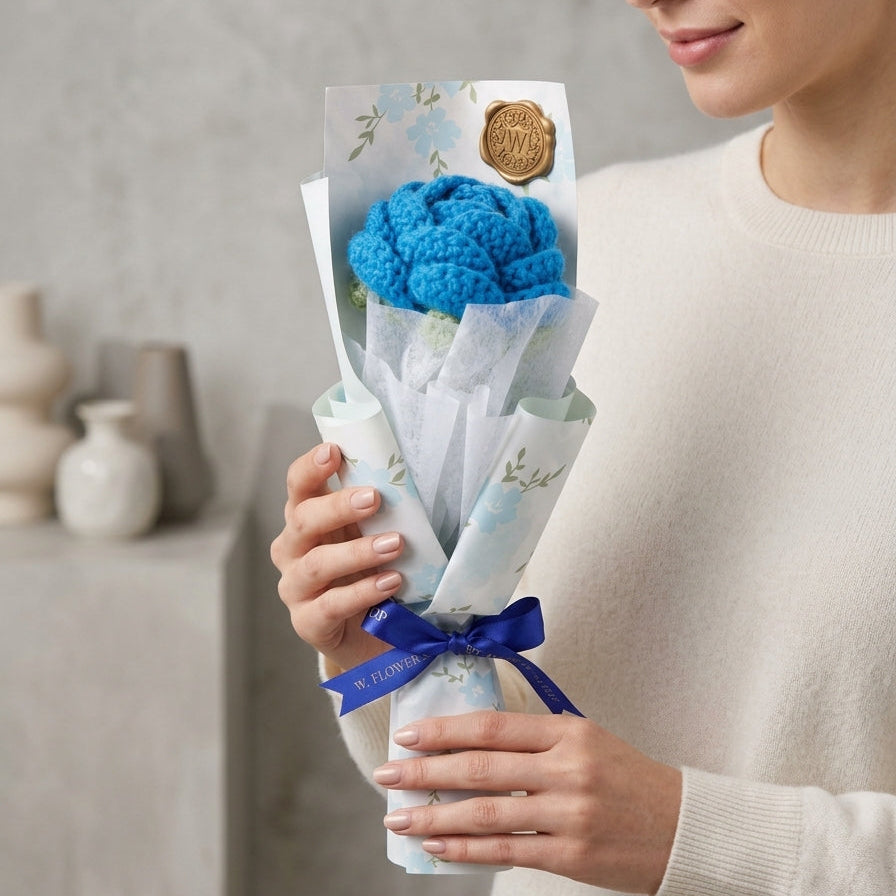 Blue Rose - Single Stem Crochet Flower with Unique Wrapping