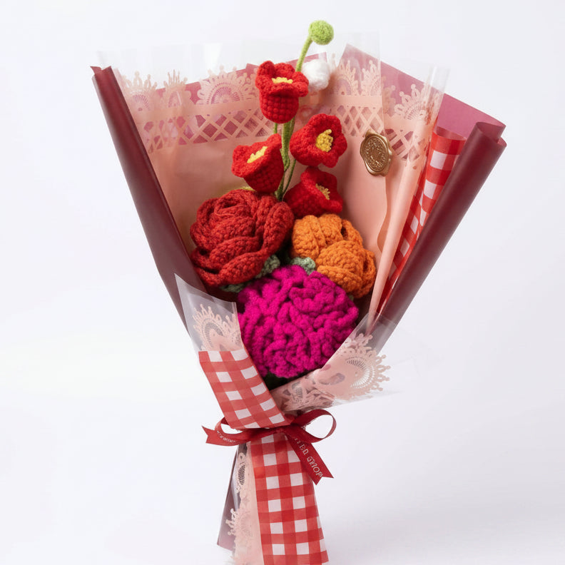 Rose, Lily of the Valley & Carnation Mix - 4-Stem Red Crochet Bouquet